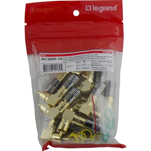 Legrand-On-Q Gold CompressionStyle Right Angle Male RCA Connector, 10Pack