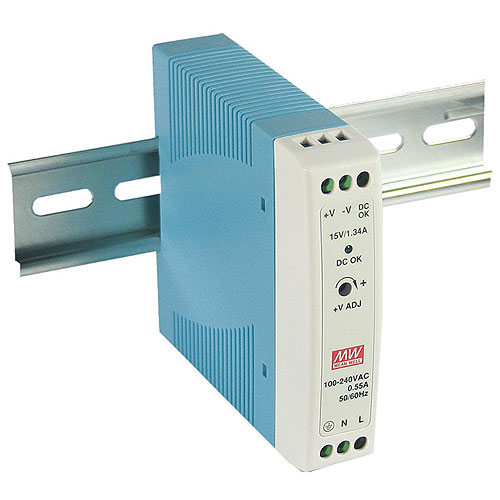 MEAN WELL MDR-20-12 Power Supply, AC-DC,12V,1.67A,100-264V In,Enclosed, DIN Rail, PFC, 20W, MDR Series