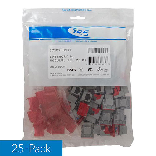 ICC IC107L6CGY CAT6 RJ45 Keystone Jack for EZ Style, 25-Pack, Gray