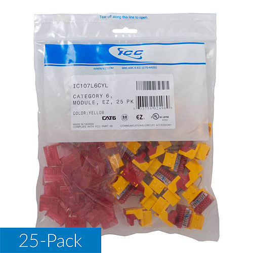 ICC IC107L6CYL CAT6 RJ45 Keystone Jack for EZ Style, 25-Pack, Yellow