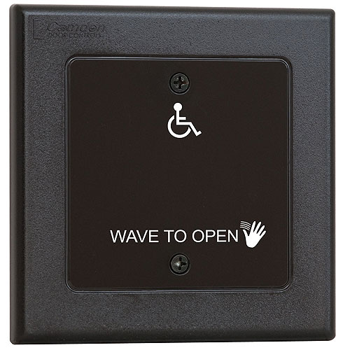 Camden CM-333/42W Surewave™ Hybrid Battery Powered Touchless Switch,1 Relay, Double Gang, Black Faceplate, Hand & Wheelchair Icon