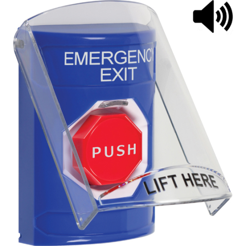 Safety Technology Blu Mmntry Push Bttn, Cvr, W/Sounder, Emergency Exit