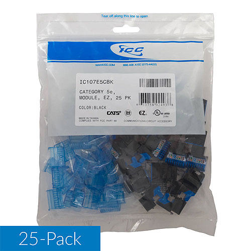 ICC IC107E5CBK CAT5e RJ45 Keystone Jack for EZ Style, 25-Pack, Black