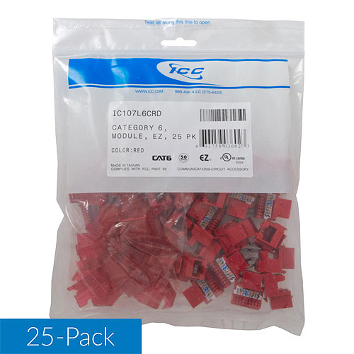 ICC IC107L6CRD CAT6 RJ45 Keystone Jack for EZ Style, 25-Pack, Red