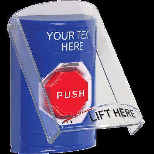 Safety Technology Stopper Station, Turn-to-Reset Illuminated, Cover Flush/Surface Mount, Custom Label, Blue