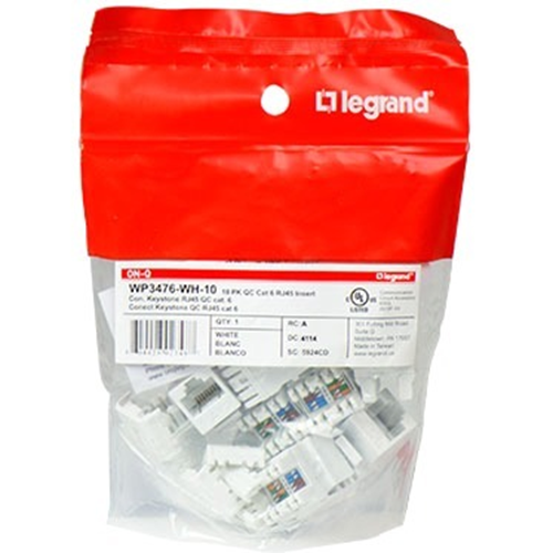 Legrand-On-Q Quick Connect Cat 6 RJ45 Keystone Insert, 10-Pk, White