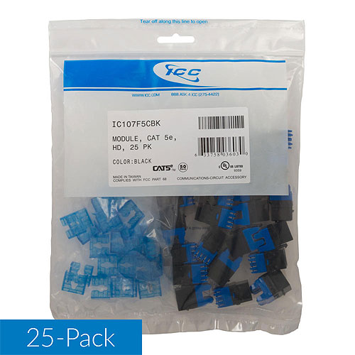 ICC IC107F5CBK CAT5e RJ45 Keystone Jack for HD Style, 25-Pack, Black