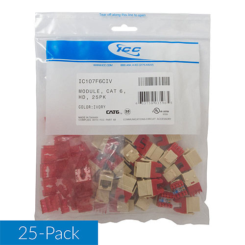 ICC IC107F6CIV CAT6 RJ45 Keystone Jack for HD Style, 25-Pack, Ivory