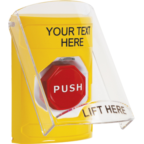 Safety Technology Stopper Station W/Shield, Yellow, Mom Ill Btn, Cu