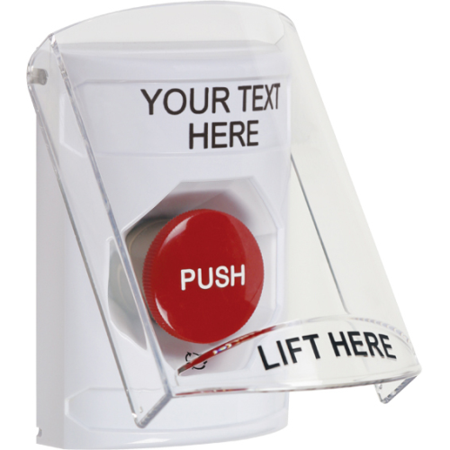 Safety Technology Stopper Station, Turn-to-Reset, Cover Flush/Surface Mount, Custom Label, White