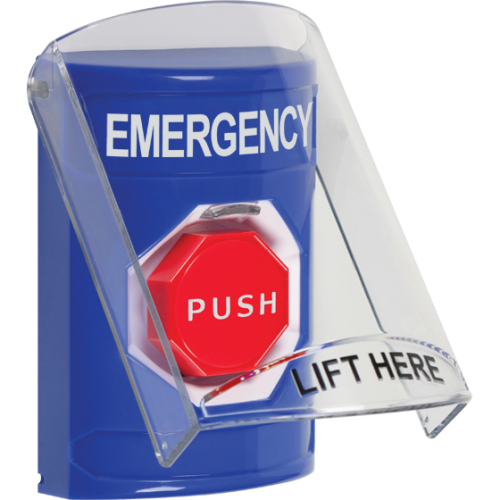 Safety Technology Stopper Station W/Shield, Blue, Key-To-Reset Ill