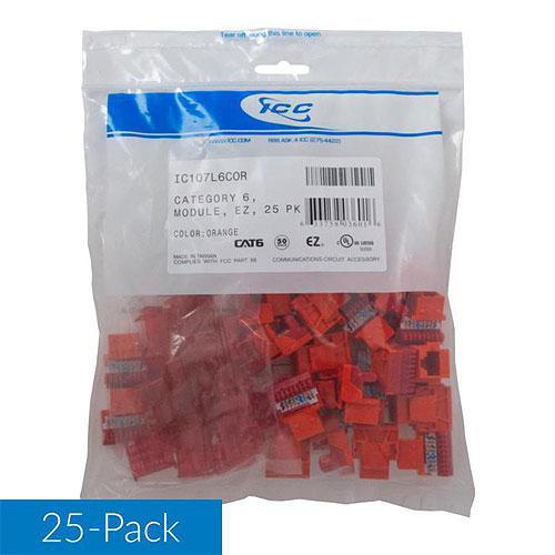 ICC IC107L6COR CAT6 RJ45 Keystone Jack for EZ Style, 25-Pack, Orange