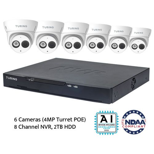 Turing TN-K086T42 Advantage Turret Camera 7-Piece Kit with Analytics, (6) TI-NED0428 4MP 2.8mm IP Cameras, (1) TN-NRP082T 8-CH 56Mbps NVR