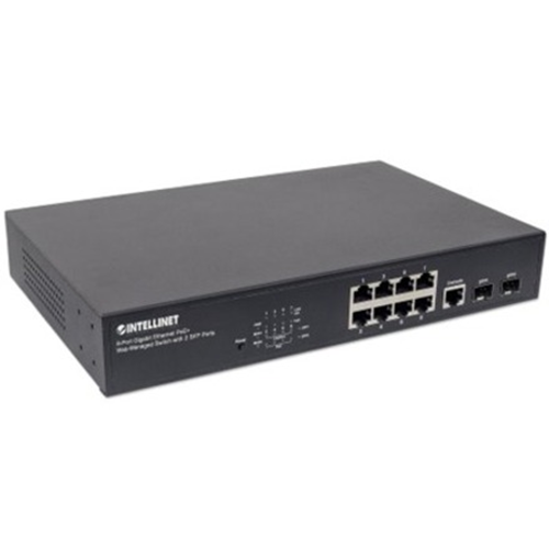 Intellinet Network Solutions 8-Port Gigabit PoE+ Web-Managed Switch with 2 SFP Ports, 140 Watt Power Budget, Desktop, Rackmount with Ears