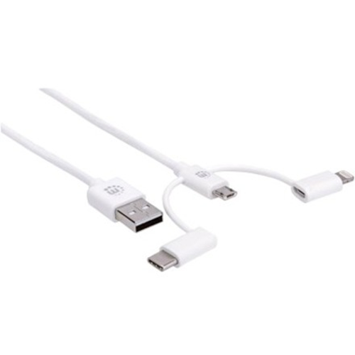 Manhattan USB-A to Lightning, Micro-USB and USB-C cable, 3-in-1, 1m, Male to Male, MFi Certified (Apple approval program), 480 Mbps (USB 2.0), Equivalent to Startech LTCUB1MGR, Hi-Speed USB, White, Lifetime Warranty, Blister