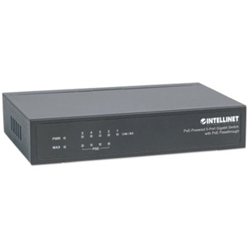 Intellinet PoE-Powered 5-Port Gigabit Switch with PoE Passthrough, 4 x PSE PoE ports, 1 x PD PoE port, IEEE 802.3at/af Power-over-Ethernet (PoE+/PoE), IEEE 802.3az Energy Efficient Ethernet, Desktop (With 2 Pin Euro Power Adapter)