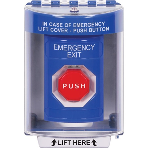 Safety Technology Stopper Station, Pneumatic Illuminated, Cover w/Horn, Surface Mount, Emergency Exit, Blue