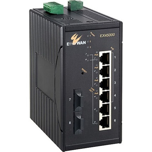 EtherWAN 6-port 10/100BASE-TX + 2-port 100BASE-FX Hardened Unmanaged PoE Ethernet Switch