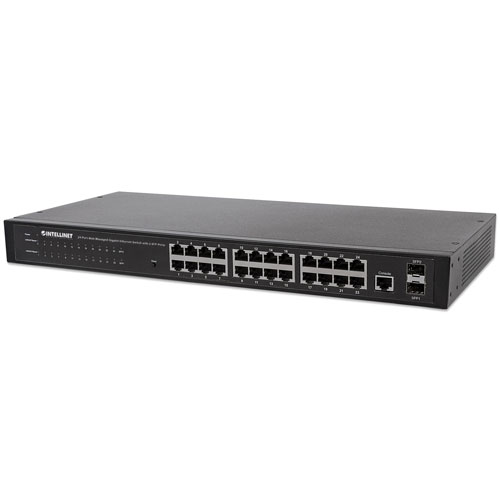 Intellinet 24-Port Network Switch, 24-Port (RJ45), Rackmount, Gigabit, 4 SFP, Ethernet Web-Smart, 10/100/1000 Mbit/ (With C14 2 Pin Euro Power Cord)