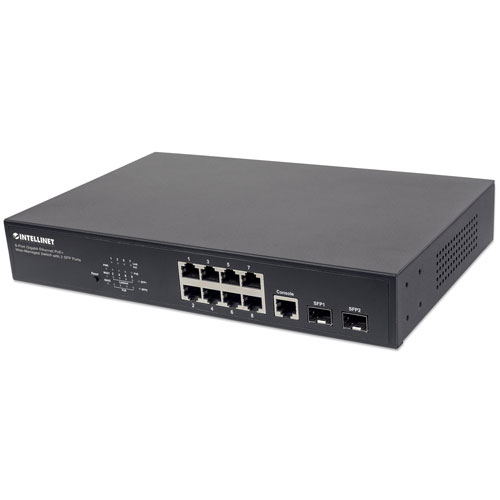 Intellinet Network Solutions 8-Port Gigabit PoE+ Web-Managed Switch with 2 SFP Ports, 140 Watt Power Budget, Desktop, Rackmount with Ears