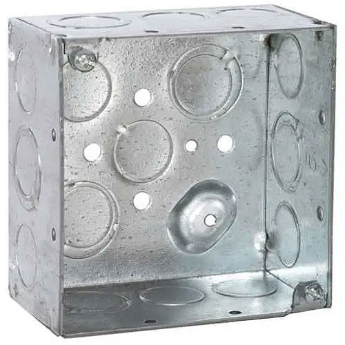 RACO 8232 4 in Square Box, Welded, 2-1/8 in Deep, Ten 1/2 in KO's & Six TKO's, Raised Ground