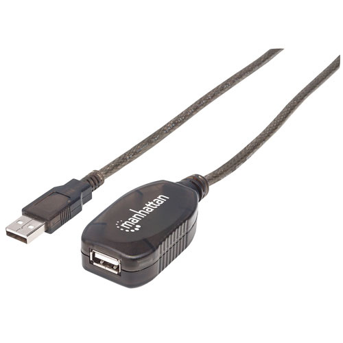 Manhattan USB-A to USB-A Extension Cable, 15m, Male to Female, Active, 480 Mbps (USB 2.0), Daisy-Chainable, Built In Repeater, Equivalent to Startech USB2AAEXT15M (except colour), Hi-Speed USB, Translucent Silver, Three Year Warranty, Polybag