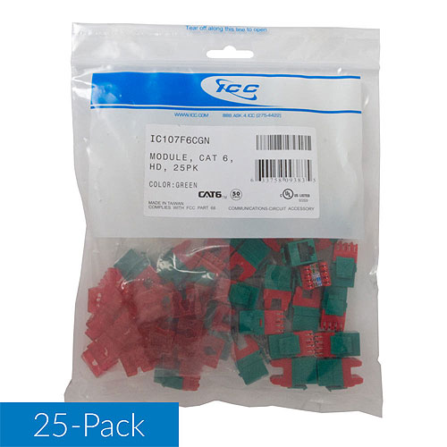 ICC IC107F6CGN CAT6 RJ45 Keystone Jack for HD Style, 25-Pack, Green