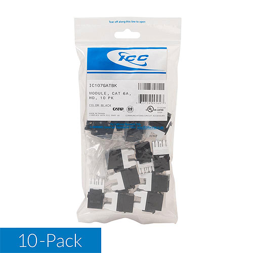 ICC IC107GATBK CAT6A RJ45 Keystone Jack for HD Style, 10-Pack, Black