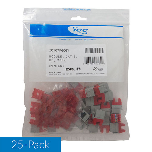 ICC IC107F6CGY CAT6 RJ45 Keystone Jack for HD Style, 25-Pack, Gray