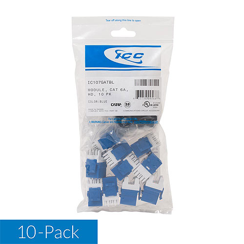 ICC IC107GATBL CAT6A RJ45 Keystone Jack for HD Style, 10-Pack, Blue