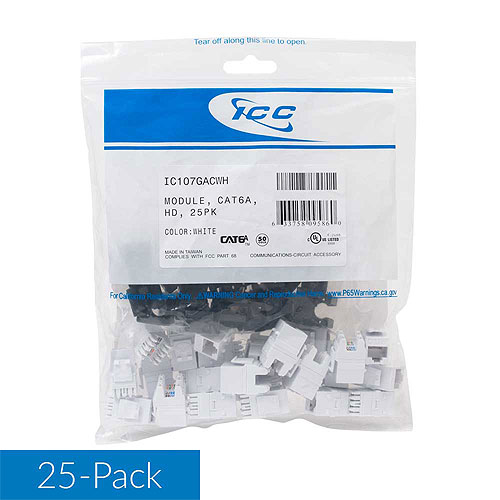 ICC IC107GACWH CAT6A RJ45 Keystone Jack for HD Style, 25-Pack, White