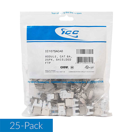 ICC IC107SACA0 CAT6A RJ45 Keystone Jack in FTP for HD Style, 25-Pack