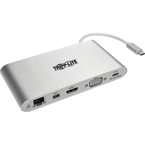 Tripp Lite USB-C Docking Station w/ USB-A , HDMI, VGA, mDP, Gbe, Memory Cards 3.5mm, USB C PD Charging 4K @ 30Hz