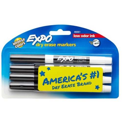 Expo Low-Odor Dry-Erase Markers, Fine Point, Black, Pack Of 4