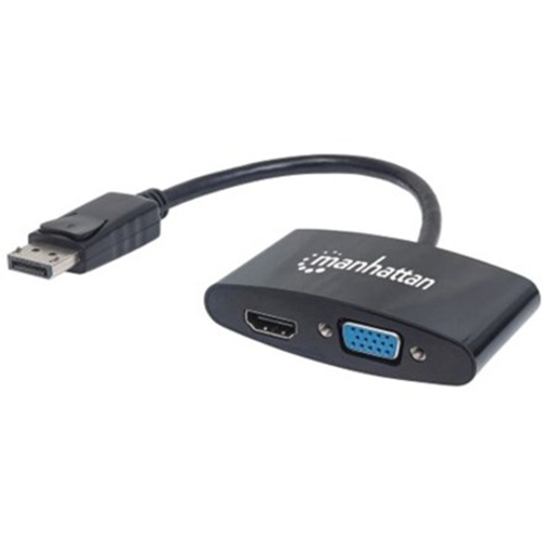 Manhattan DisplayPort 1.2 to HDMI and VGA Adapter Cable, 2-in-1, Male to Female, Black, Equivalent to Startech DP2HDVGA, HDMI 4K@30Hz, VGA 1080p (1920x1200p), Passive, 16cm, Lifetime Warranty, Blister