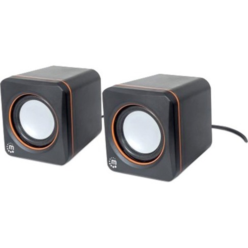 Manhattan 2600 Series Speaker System, Small Size, Big Sound, Two Speakers, Stereo, USB power, Output: 2x 3W, 3.5mm plug for sound, In-Line volume control, Cable 0.9m, Black, Three Year Warranty, Box