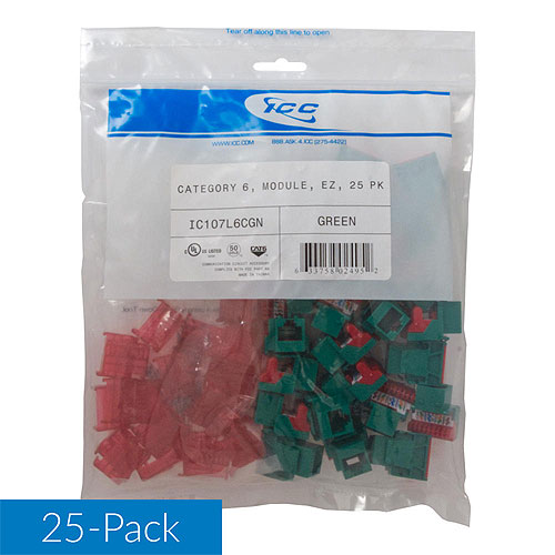 ICC IC107L6CGNCAT6 RJ45 Keystone Jack for EZ Style, 25-Pack, Green